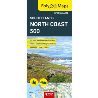 FolyMap Schottlands North Coast 500 Karte - Straßen- und Tourenkarte 1:250 000